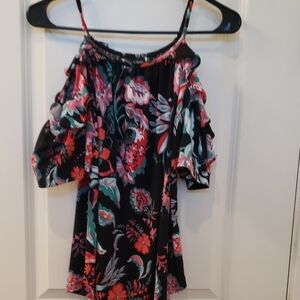 New York & Company Ruffled Cold Shoulder Black and Red Floral Blouse